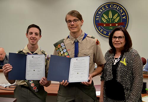Eagle Scouts Joshua Speizer and Christopher Schindelar- with Freeholder Deputy Director Sylvia Petillo
