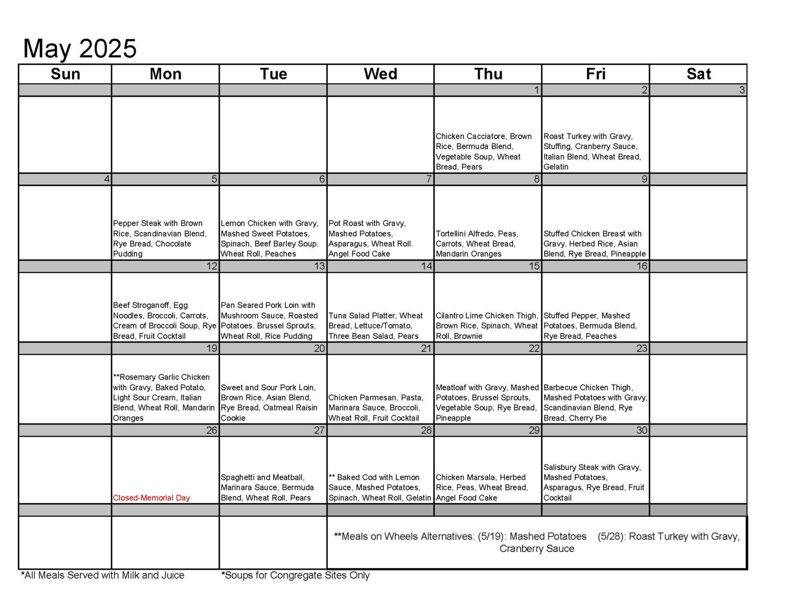 Congregate nutrition menu (pdf version below image)